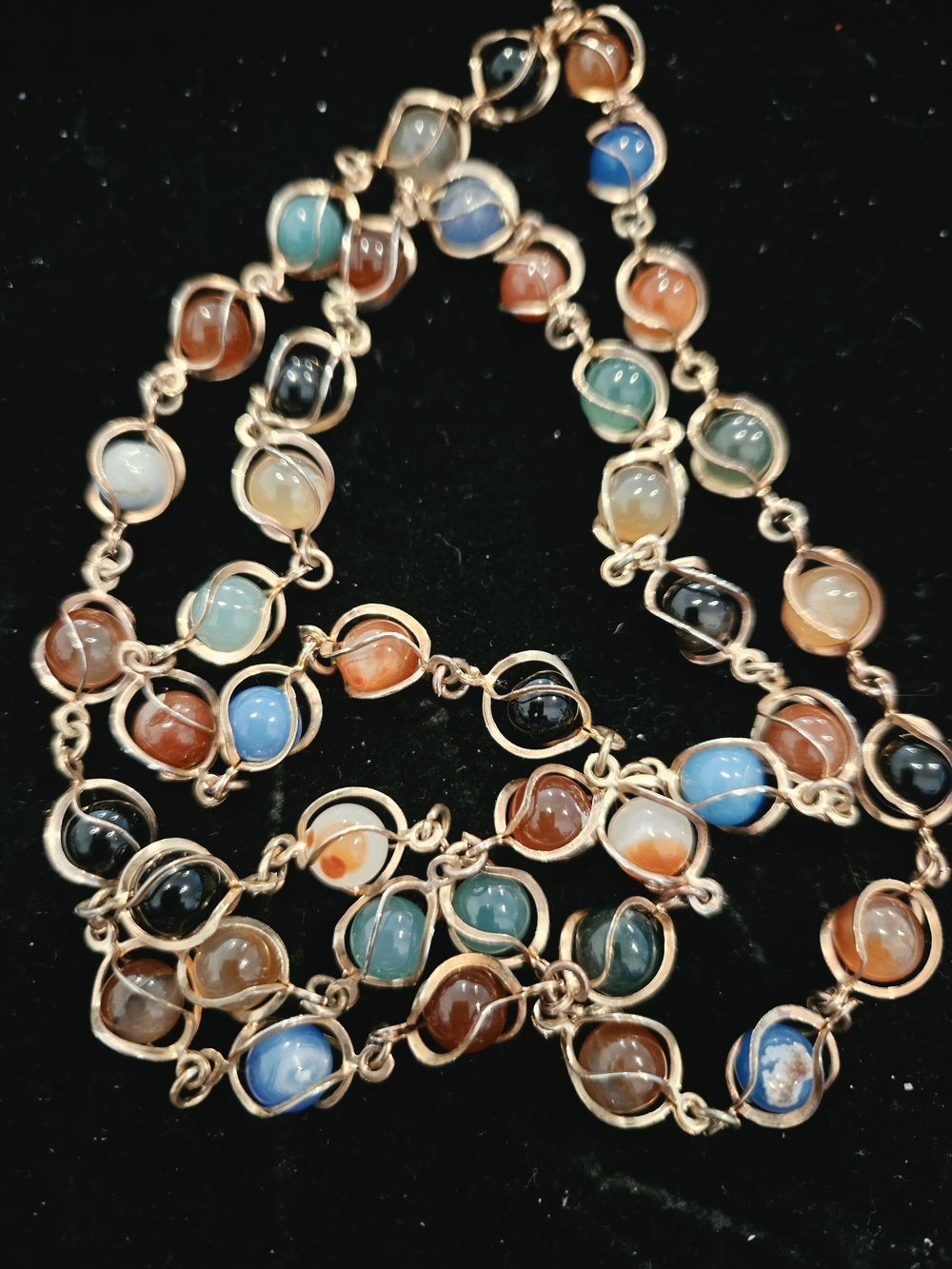 Multicolor Bead Link Necklace - Gold Tone Frame 30"